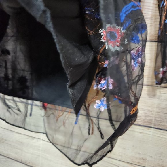 Sorrento Navy Blue Floral Embroidered Blouse Sheer Sleeves Women's Medium - Picture 6 of 13